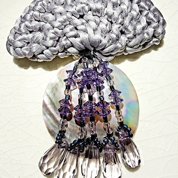 Periwinkle soft grey shell brooch  cascading faceted beads iridescent crochet - Picture 2 of 8